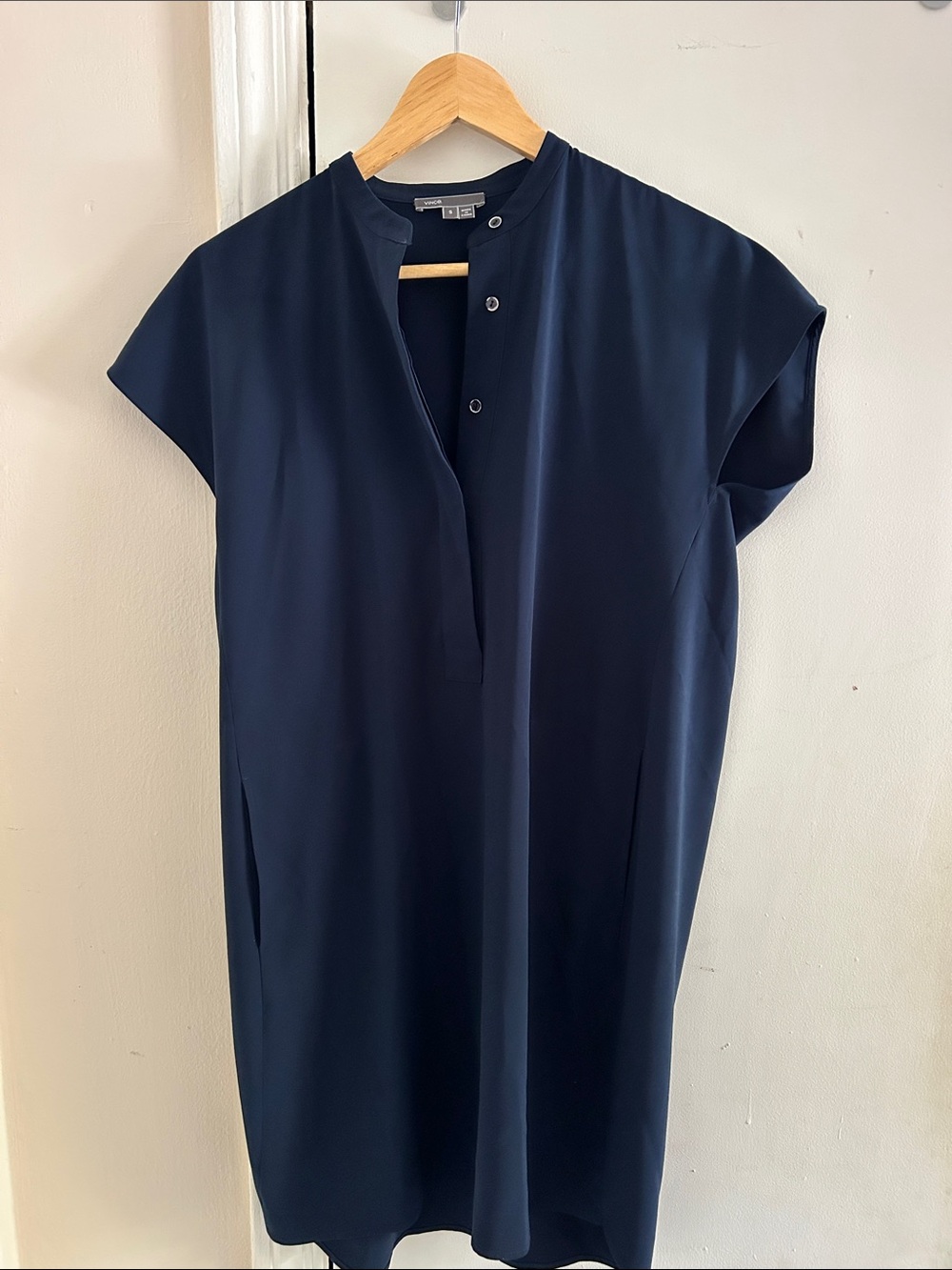 Vince Navy Blue Mandarin-Collar Midi Shift Dress